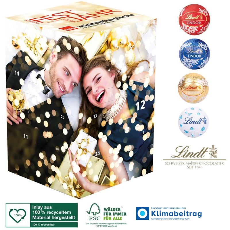 Adventskalender Cube XL mit Lindt Minis, inkl. 4-farbigem Druck Adventskalender Cube XL mit Lindt Minis, inkl. 4-farbigem Druck