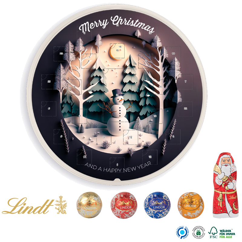 Adventskalender Rund mit Lindt Minis + Weihnachtsmann, inkl. 4-farbigem Druck