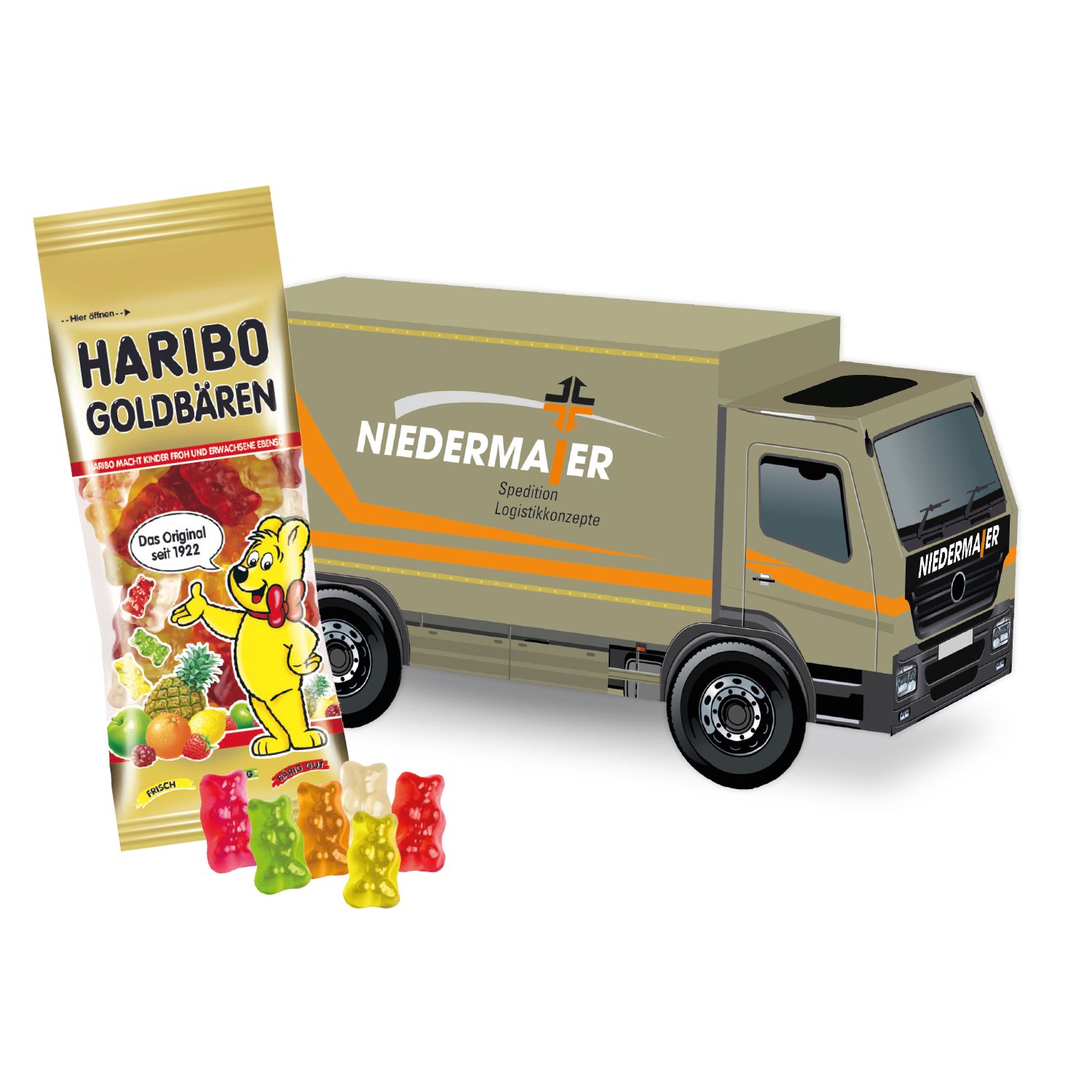 3D Präsent LKW HARIBO Goldbären, inkl. 4-farbigem Druck 3D Präsent LKW HARIBO Goldbären, inkl. 4-farbigem Druck