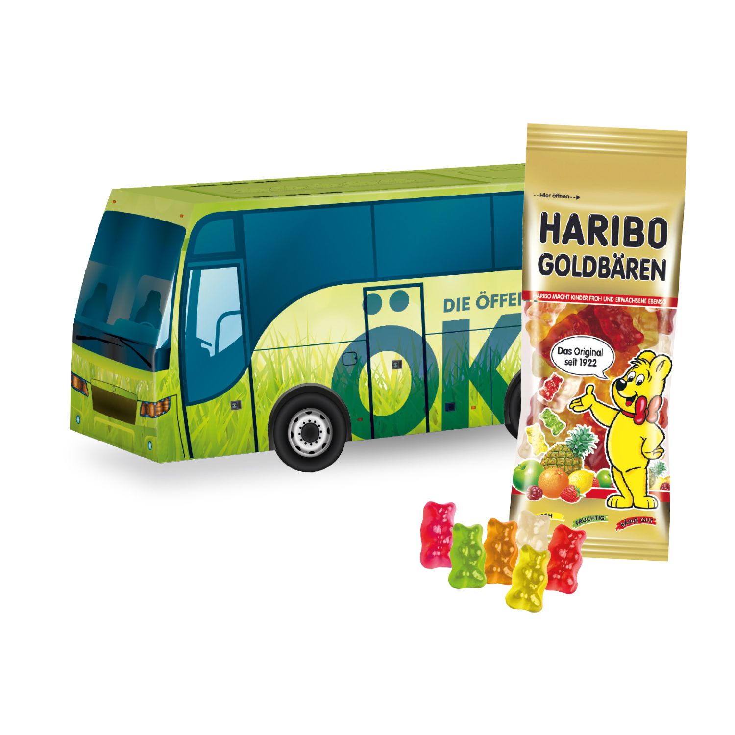 3D Präsent Bus HARIBO Goldbären, inkl. 4-farbigem Druck