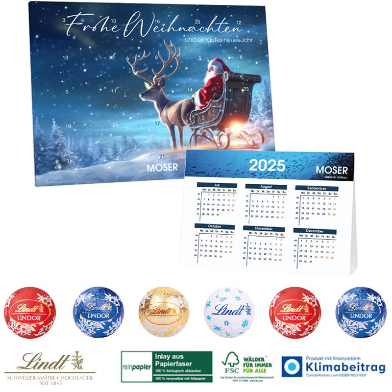 Adventskalender mit Jahresplaner Lindt Minis Eco, inkl. 4-farbigem Druck