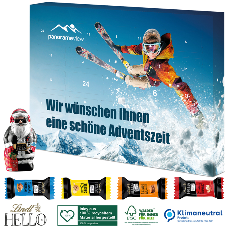 Adventskalender mit Lindt HELLO Mini Stick Mix + Santa ECO, inkl. 4-farbigem Druck Adventskalender mit Lindt HELLO Mini Stick Mix + Santa ECO, inkl. 4-farbigem Druck