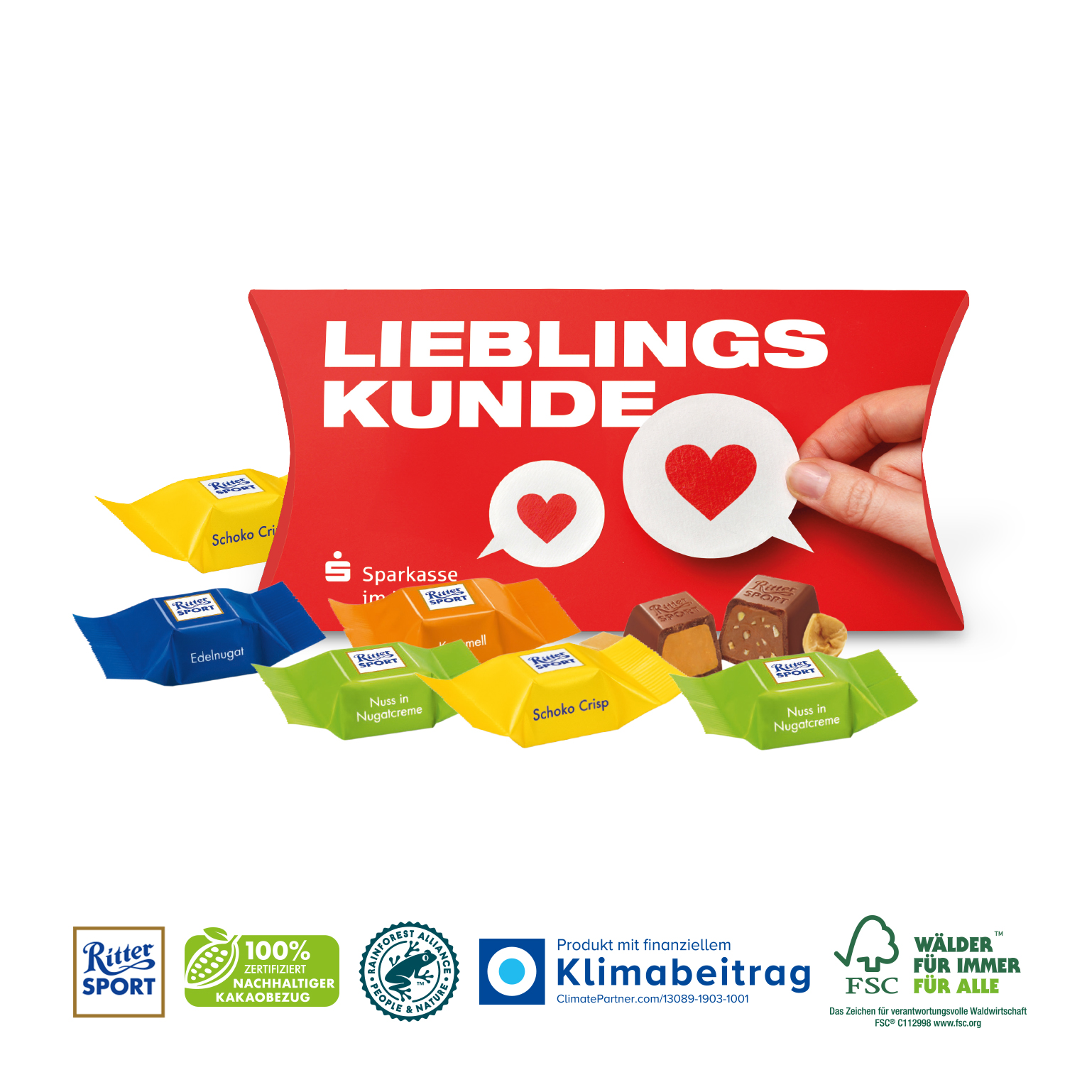 Kissenverpackung „Creative“ mit Ritter SPORT, inkl. 4-farbigem Druck