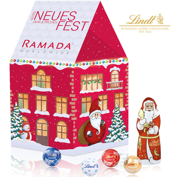 3D Präsent Weihnachtshaus Lindt Minis + Weihnachtsmann, inkl. 4-farbigem Druck