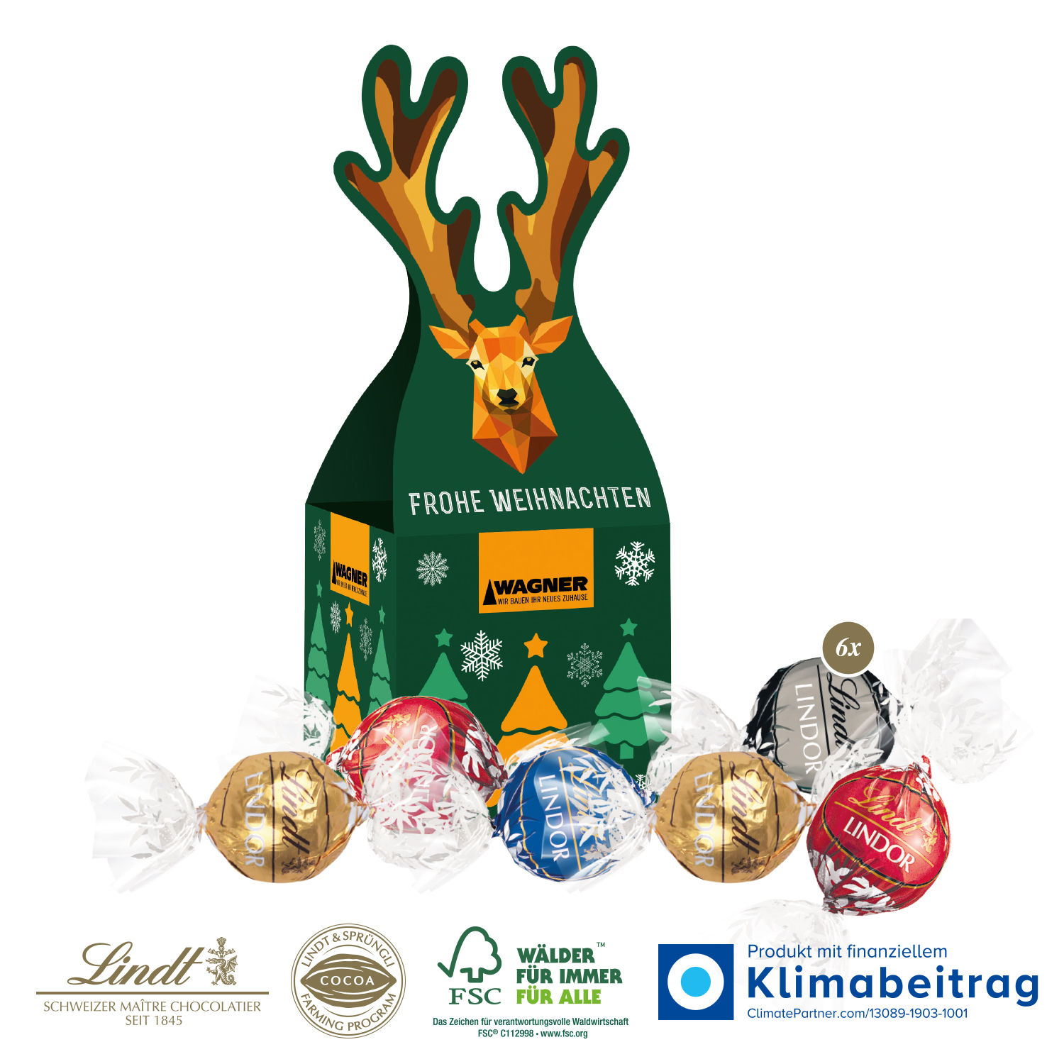 3D Präsent „Rentier“ mit Lindt Lindor Pralinés, inkl. 4-farbigem Druck