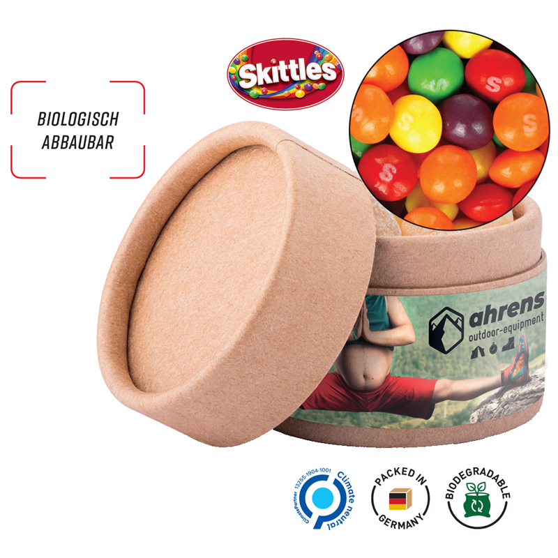 Papierdose Eco Mini mit Skittles, inkl. 4-farbigem Druck Papierdose Eco Mini mit Skittles, inkl. 4-farbigem Druck