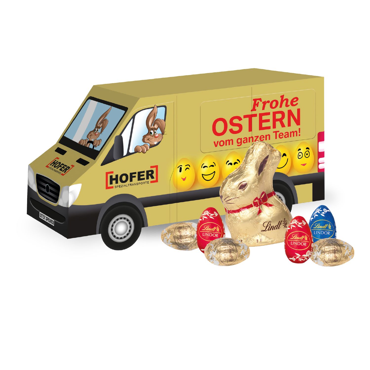 Oster-Transporter Goldhase und Eier von Lindt, inkl. 4-farbigem Druck Oster-Transporter Goldhase und Eier von Lindt, inkl. 4-farbigem Druck