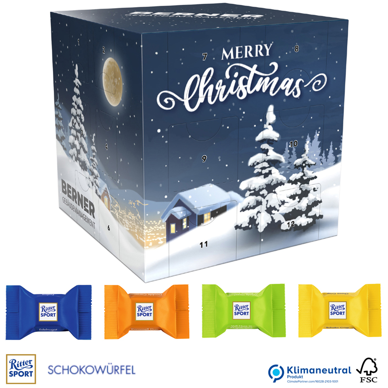 Adventskalender Würfel Ritter Sport Eco (Komplett aus Papier), inkl. 4-farbigem Druck Adventskalender Würfel Ritter Sport Eco (Komplett aus Papier), inkl. 4-farbigem Druck