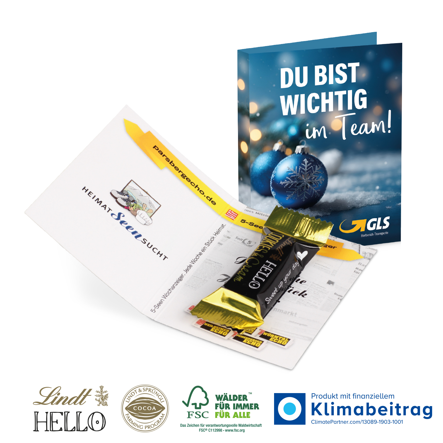 Werbe-Klappkarte mit Lindt HELLO Mini, inkl. 4-farbigem Druck Werbe-Klappkarte mit Lindt HELLO Mini, inkl. 4-farbigem Druck