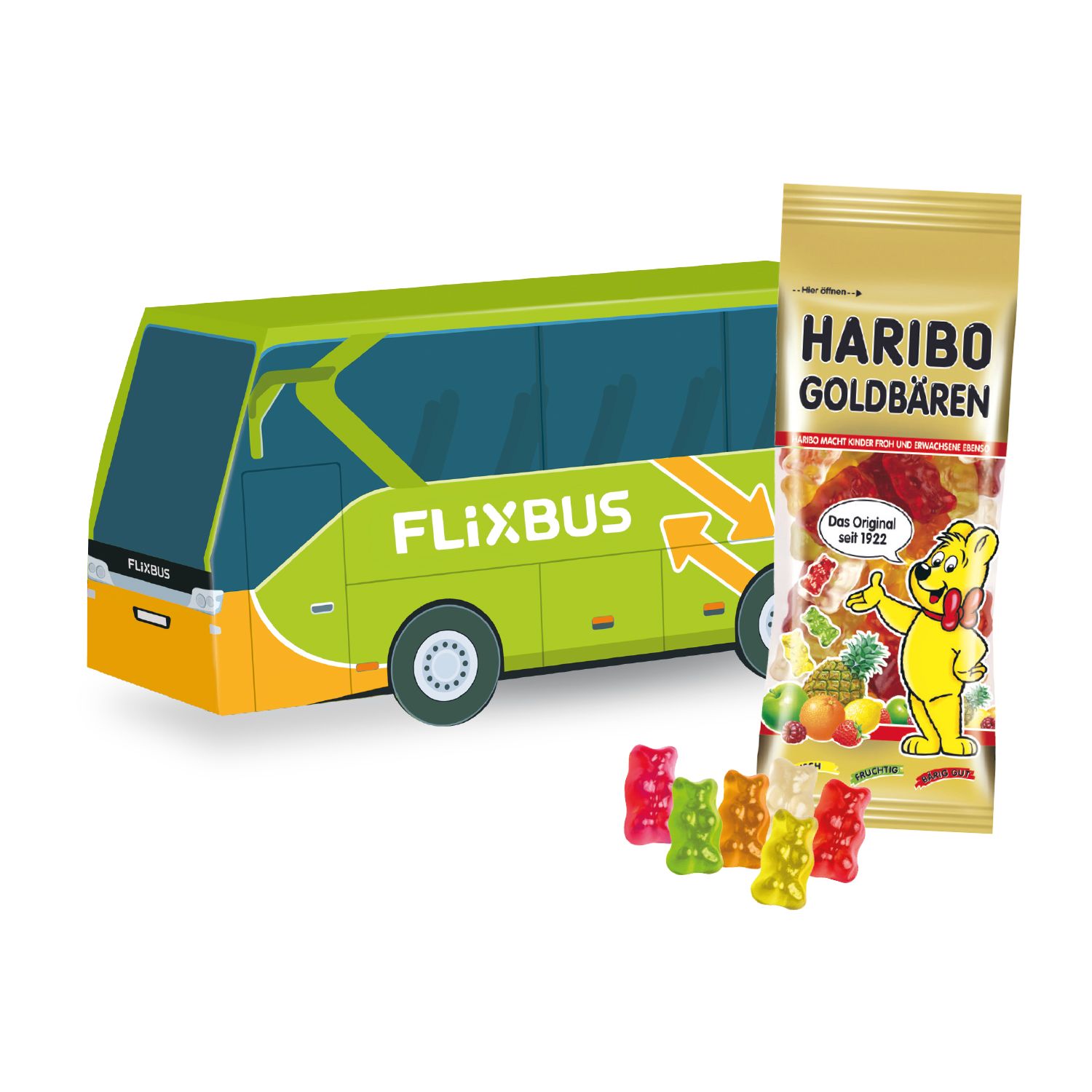 3D Präsent Bus HARIBO Goldbären, inkl. 4-farbigem Druck 3D Präsent Bus HARIBO Goldbären, inkl. 4-farbigem Druck