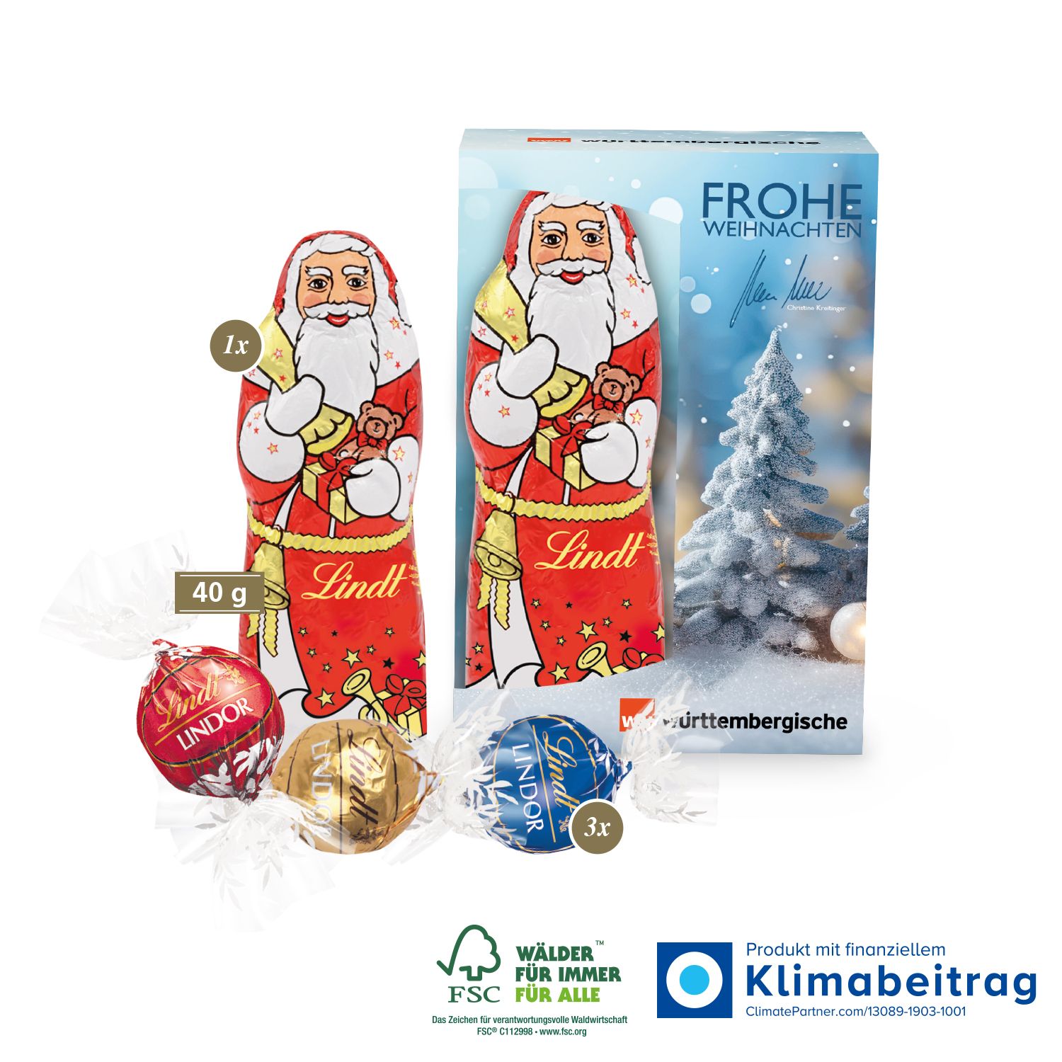 Premium-Präsent mit Lindor Pralinés und Lindt Weihnachtsmann „Medium“, inkl. 4-farbigem Druck