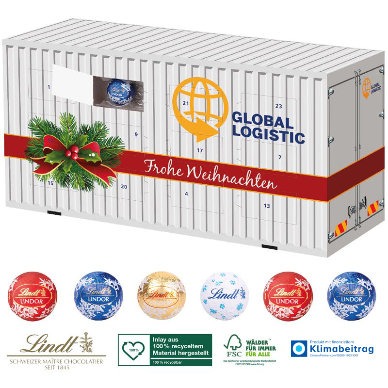 3D Adventskalender Container mit Lindt Minis, inkl. 4-farbigem Druck