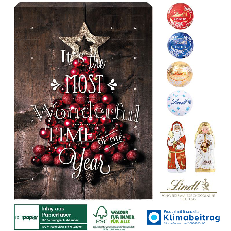 Wand-Adventskalender Organic Gourmet Edition Lindt Minis mit Weihnachtsmann + Engel, inkl. 4-farbigem Druck Wand-Adventskalender Organic Gourmet Edition Lindt Minis mit Weihnachtsmann + Engel, inkl. 4-farbigem Druck