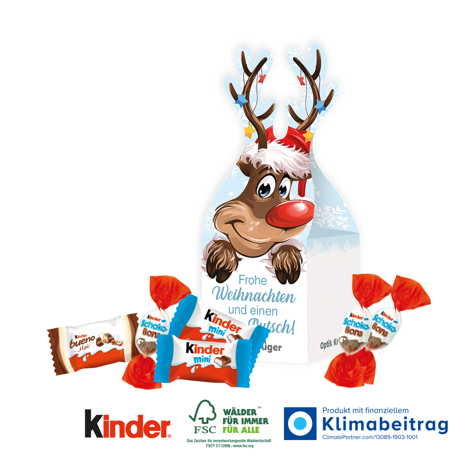 3D Präsent „Rentier“ mit Ferrero kinder Schokolade, inkl. 4-farbigem Druck 3D Präsent „Rentier“ mit Ferrero kinder Schokolade, inkl. 4-farbigem Druck