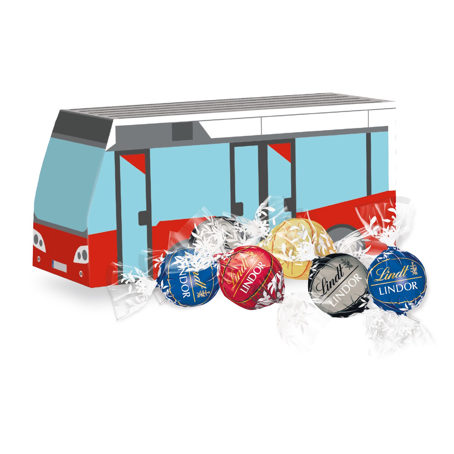 3D Präsent Bus Lindt Lindor Pralinés, inkl. 4-farbigem Druck 3D Präsent Bus Lindt Lindor Pralinés, inkl. 4-farbigem Druck