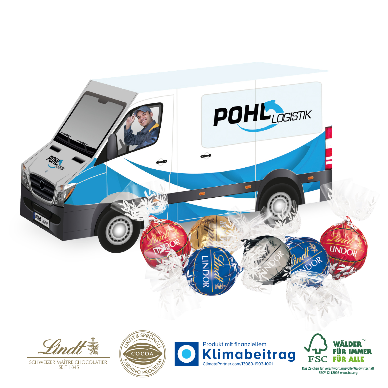 3D Präsent Transporter Lindt Lindor Pralinés, inkl. 4-farbigem Druck
