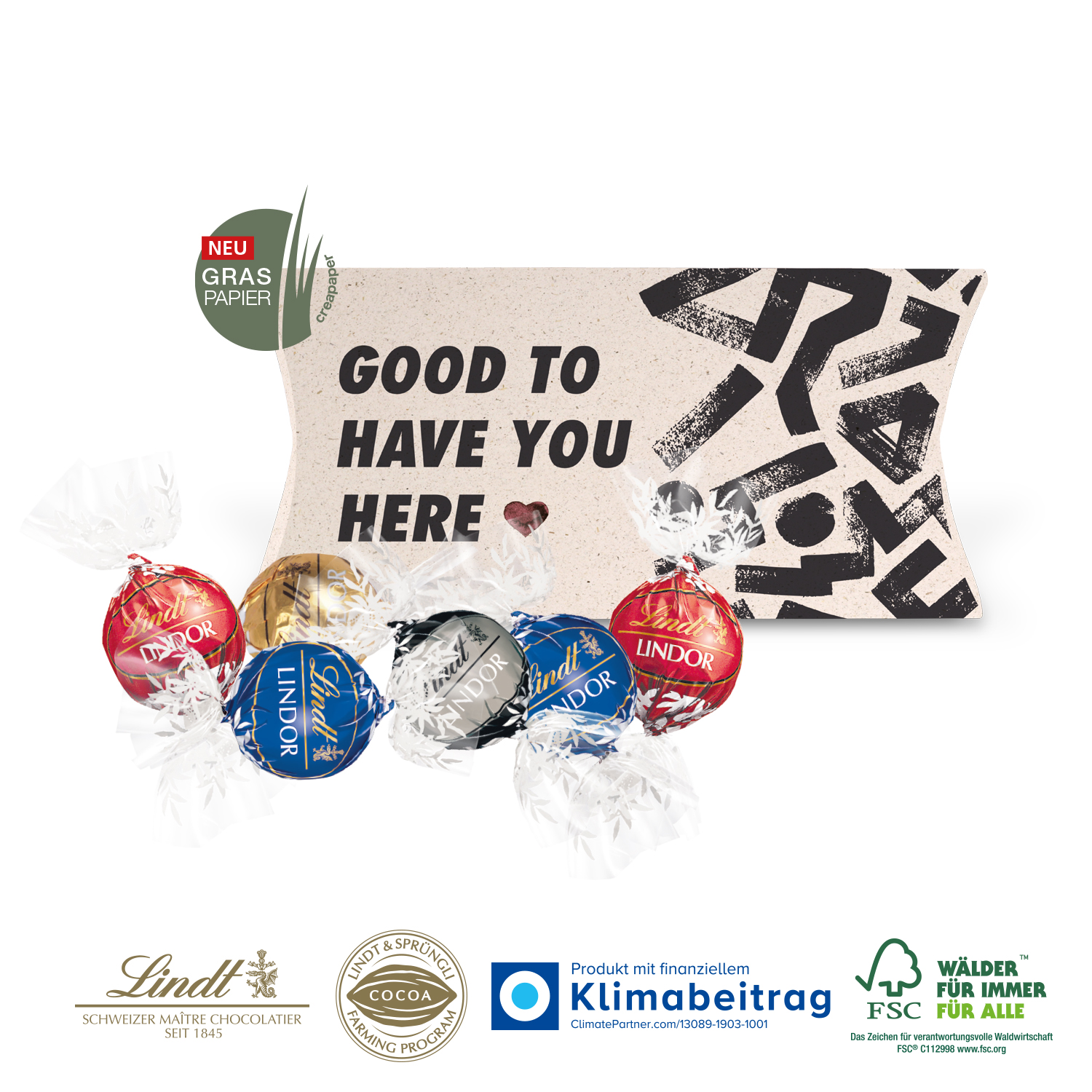 Kissenverpackung „Creative“ mit Lindt Lindor, inkl. 4-farbigem Druck Kissenverpackung „Creative“ mit Lindt Lindor, inkl. 4-farbigem Druck