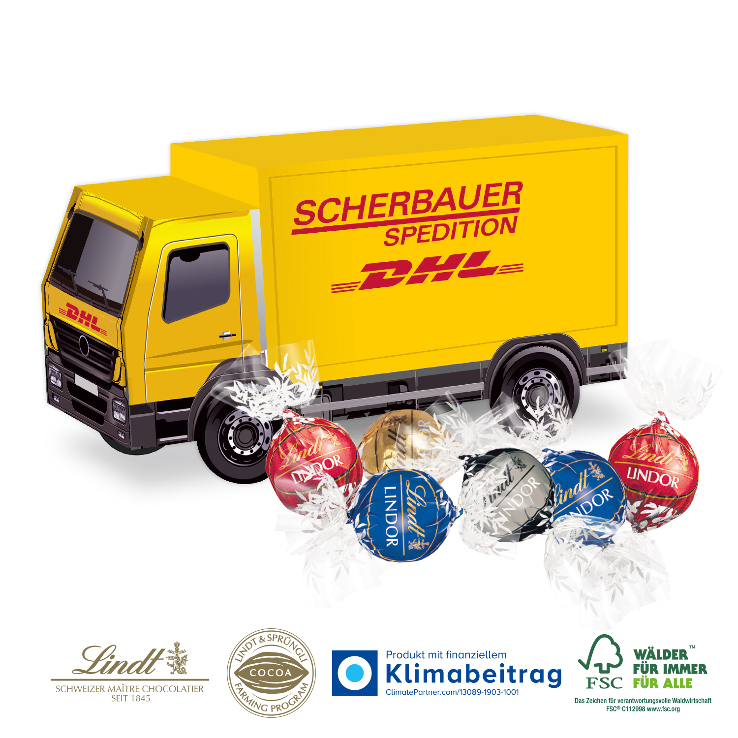 3D Präsent LKW Lindt Lindor Pralinés, inkl. 4-farbigem Druck 3D Präsent LKW Lindt Lindor Pralinés, inkl. 4-farbigem Druck