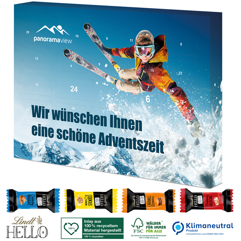 Adventskalender mit Lindt HELLO Mini Stick Mix ECO, inkl. 4-farbigem Druck