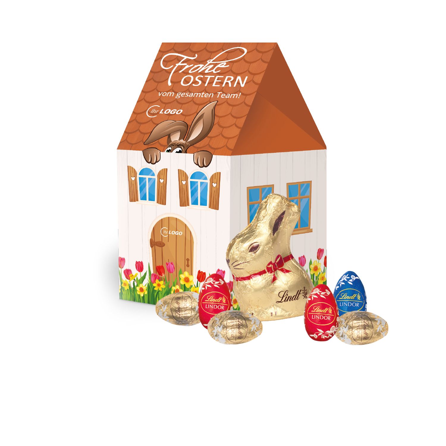3D Osterhaus Lindt Goldhase und Eier, inkl. 4-farbigem Druck