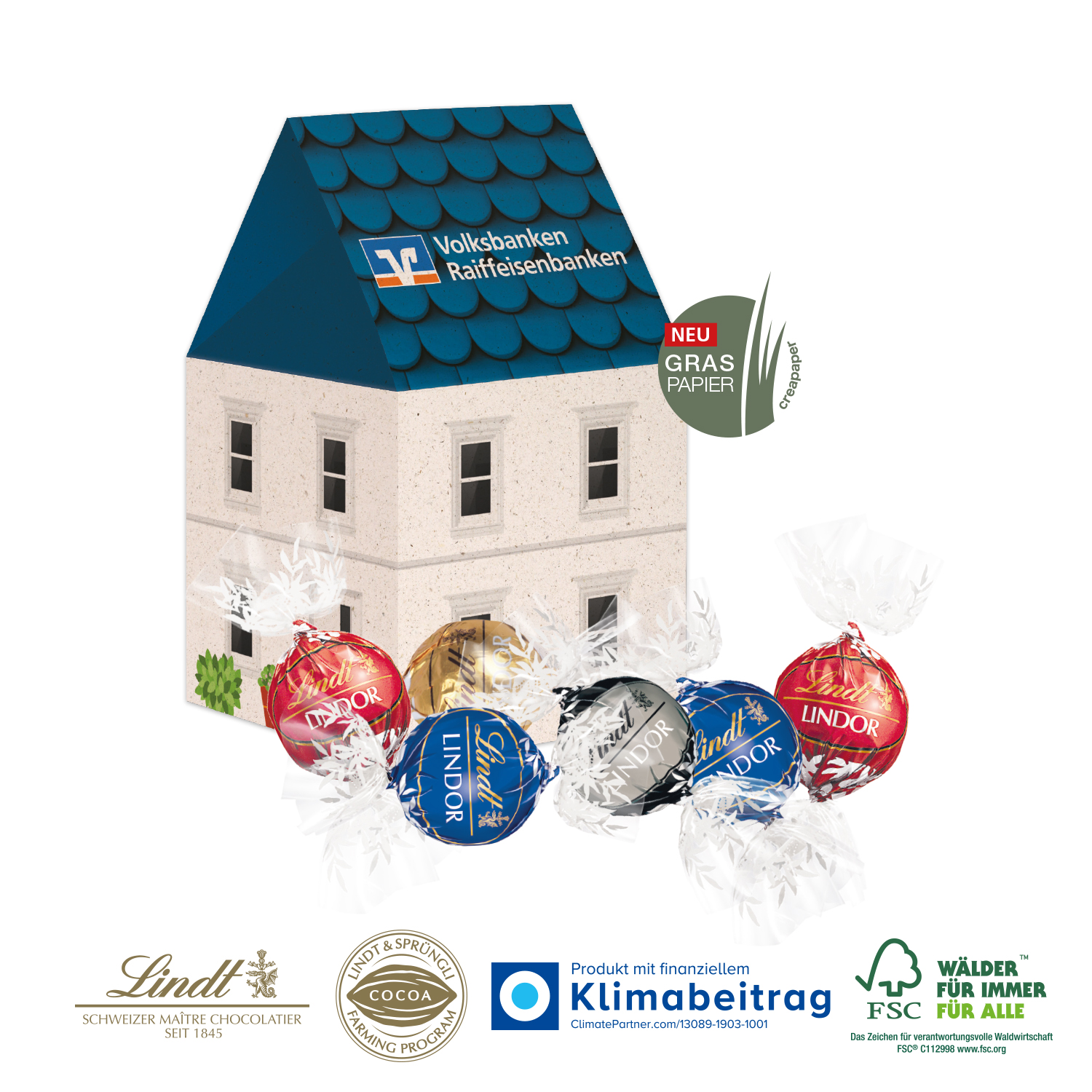 3D Präsent Haus Lindt Lindor Pralinés, inkl. 4-farbigem Druck 3D Präsent Haus Lindt Lindor Pralinés, inkl. 4-farbigem Druck