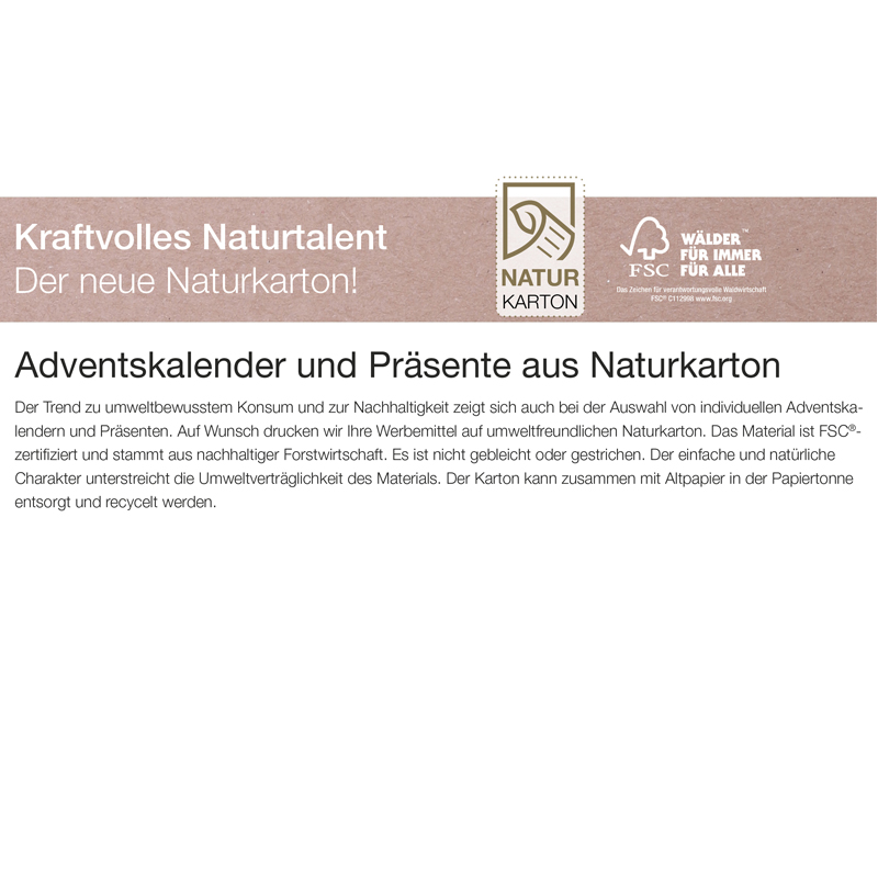 Adventskalender aus Naturkarton Lindt „Gourmet Edition” Organic, inkl. 4-farbigem Druck Adventskalender aus Naturkarton Lindt „Gourmet Edition” Organic, inkl. 4-farbigem Druck