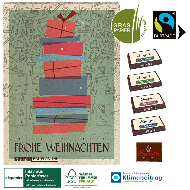 Wand-Adventskalender Organic Graspapier mit Fairtrade-Kakao, inkl. 4-farbigem Druck Wand-Adventskalender Organic Graspapier mit Fairtrade-Kakao, inkl. 4-farbigem Druck