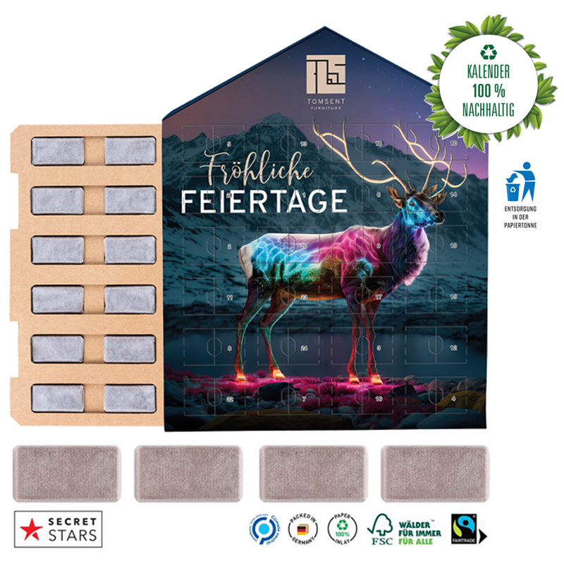 Adventskalender Haus Eco Papierblister mit Fairtrade-Schokotäfelchen, inkl. 4-farbigem Druck