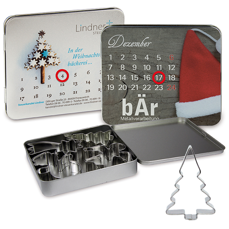 Adventskalender-Dose mit Backform, inkl. 4-farbigem Druck