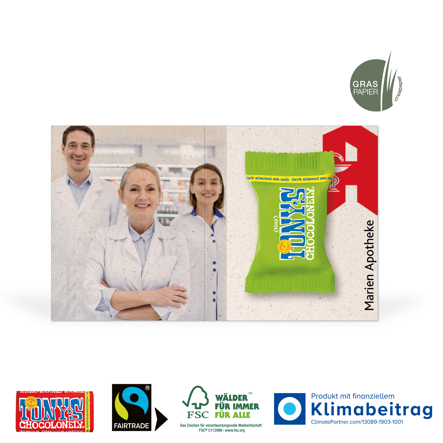 Werbe-Klappkarte mit Tiny Tony´s Schokolade, inkl. 4-farbigem Druck Werbe-Klappkarte mit Tiny Tony´s Schokolade, inkl. 4-farbigem Druck