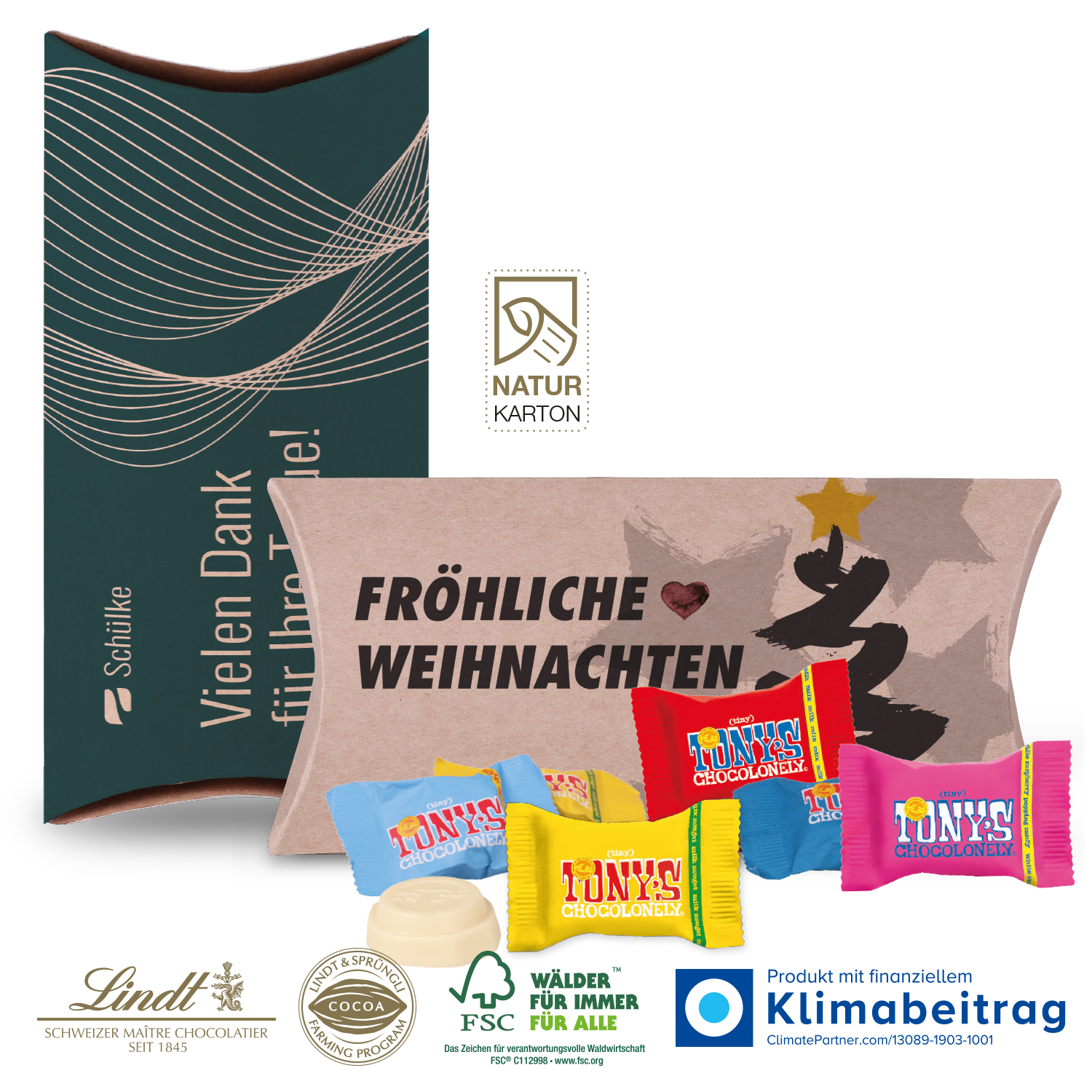 Kissenverpackung „Creative“ mit Tony´s Schokolade, inkl. 4-farbigem Druck Kissenverpackung „Creative“ mit Tony´s Schokolade, inkl. 4-farbigem Druck