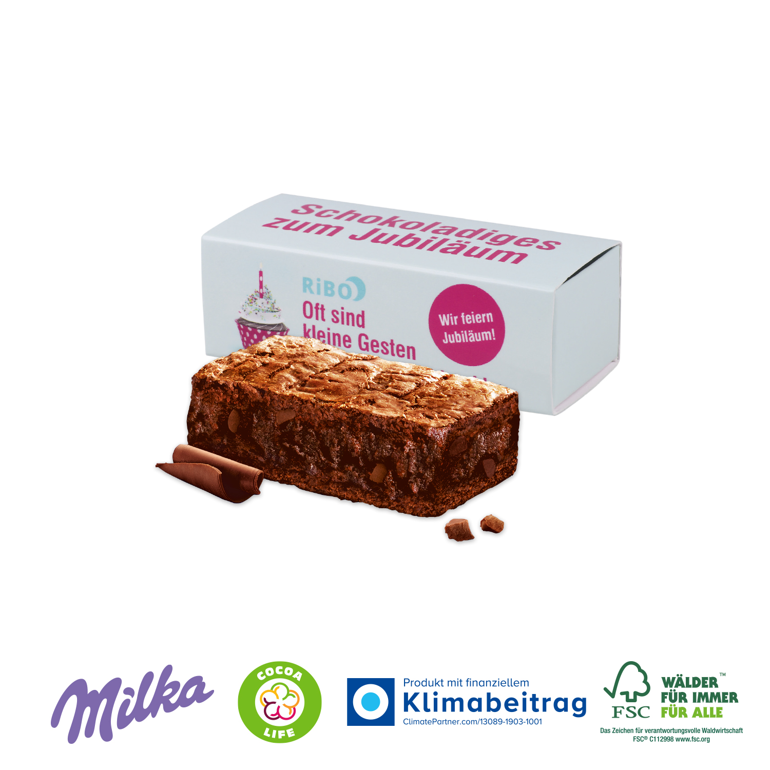 Schoko-Kuchen von Milka „Choco Brownie“, inkl. 4-farbigem Druck Schoko-Kuchen von Milka „Choco Brownie“, inkl. 4-farbigem Druck