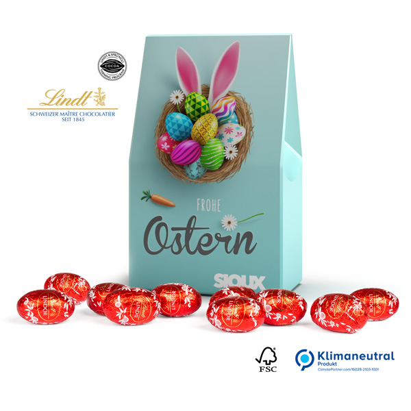Lindt Lindor Ostereier in Standboden-Kartonage klein Lindt Lindor Ostereier in Standboden-Kartonage klein, inkl. 4-farbigem Druck