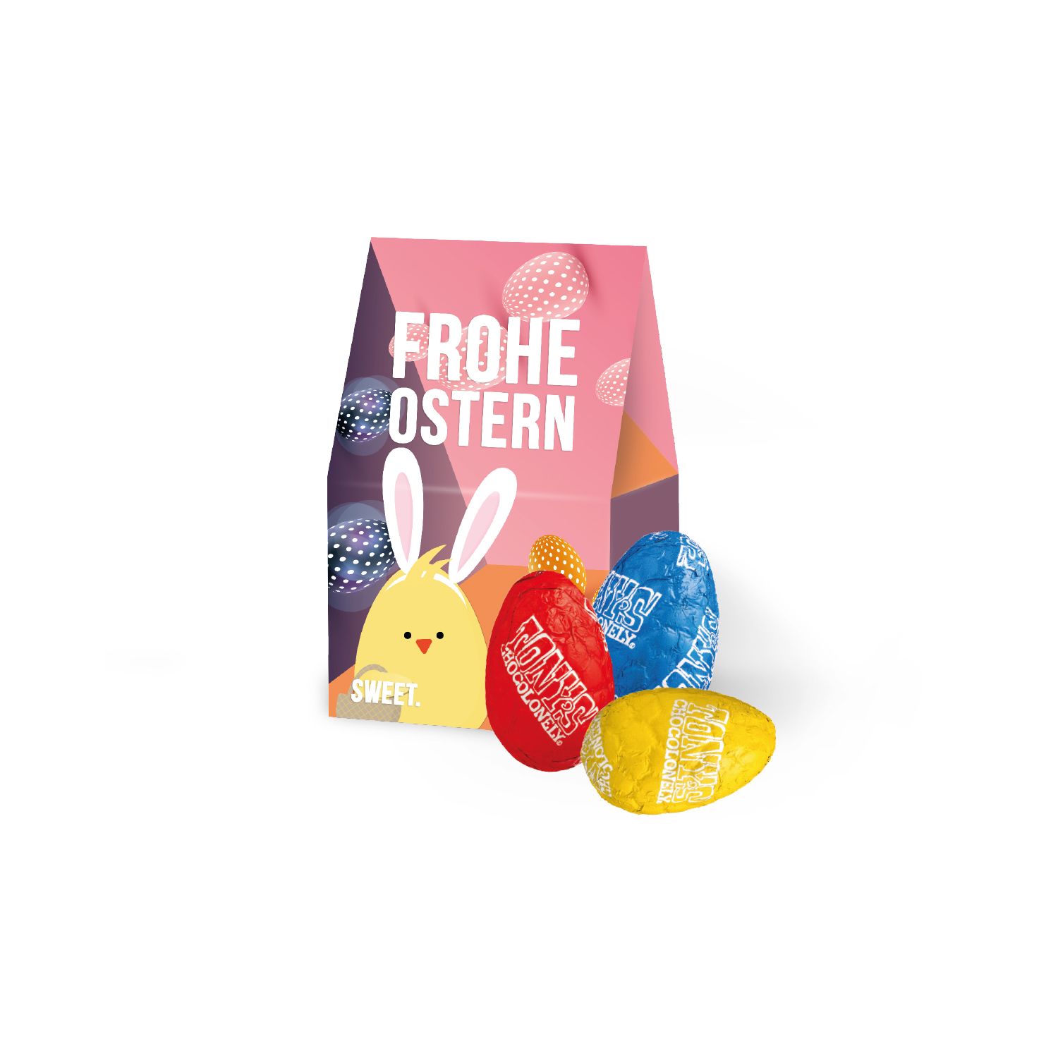 Businesspräsent „Selection Mini“ mit Tony´s Chocolonely Ostereier, inkl. 4-farbigem Druck Businesspräsent „Selection Mini“ mit Tony´s Chocolonely Ostereier, inkl. 4-farbigem Druck