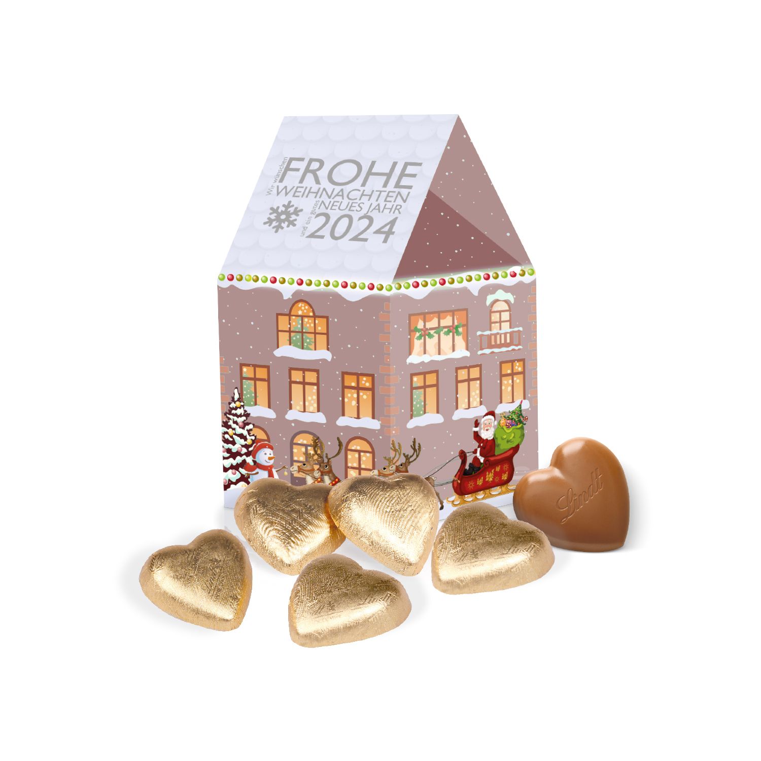 3D Präsent Weihnachtshaus Lindt Schokoherzen, inkl. 4-farbigem Druck