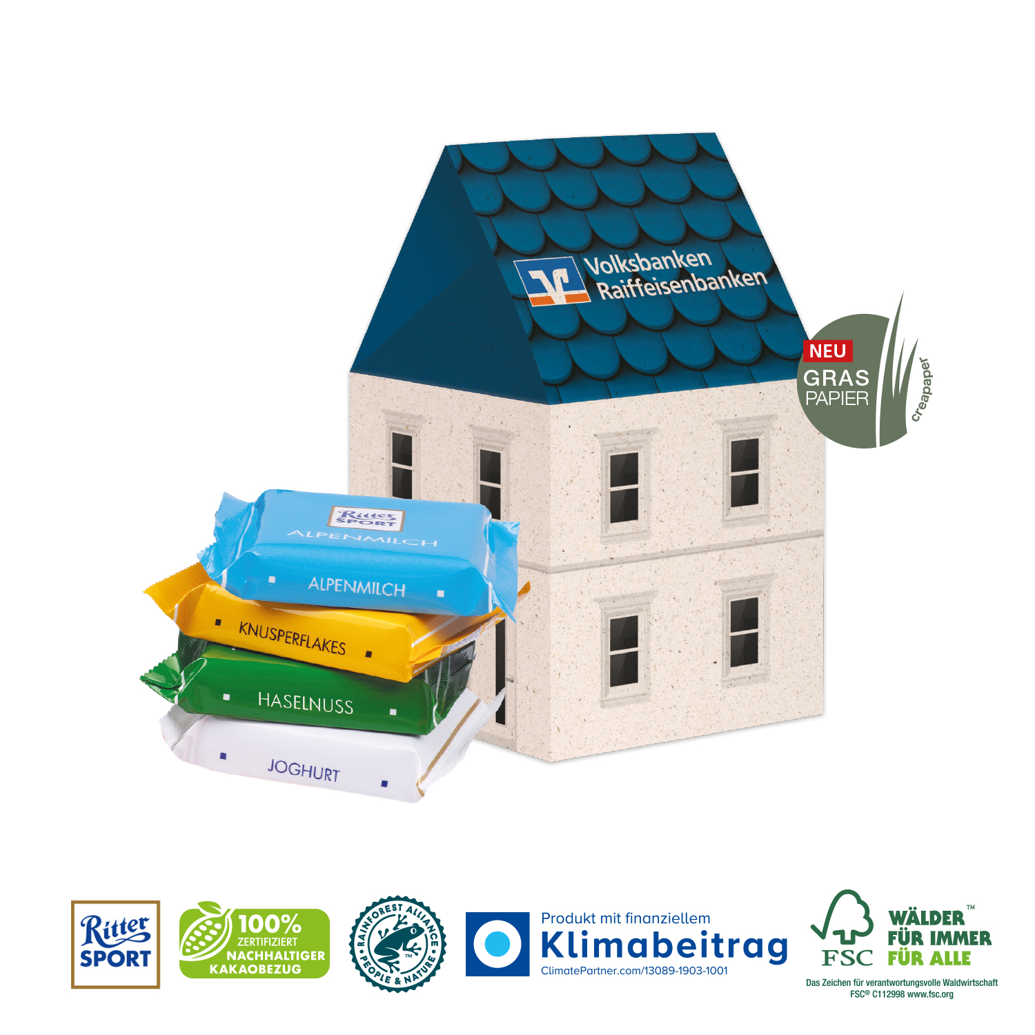 3D Präsent Haus Ritter SPORT Mini´s, inkl. 4-farbigem Druck 3D Präsent Haus Ritter SPORT Mini´s, inkl. 4-farbigem Druck