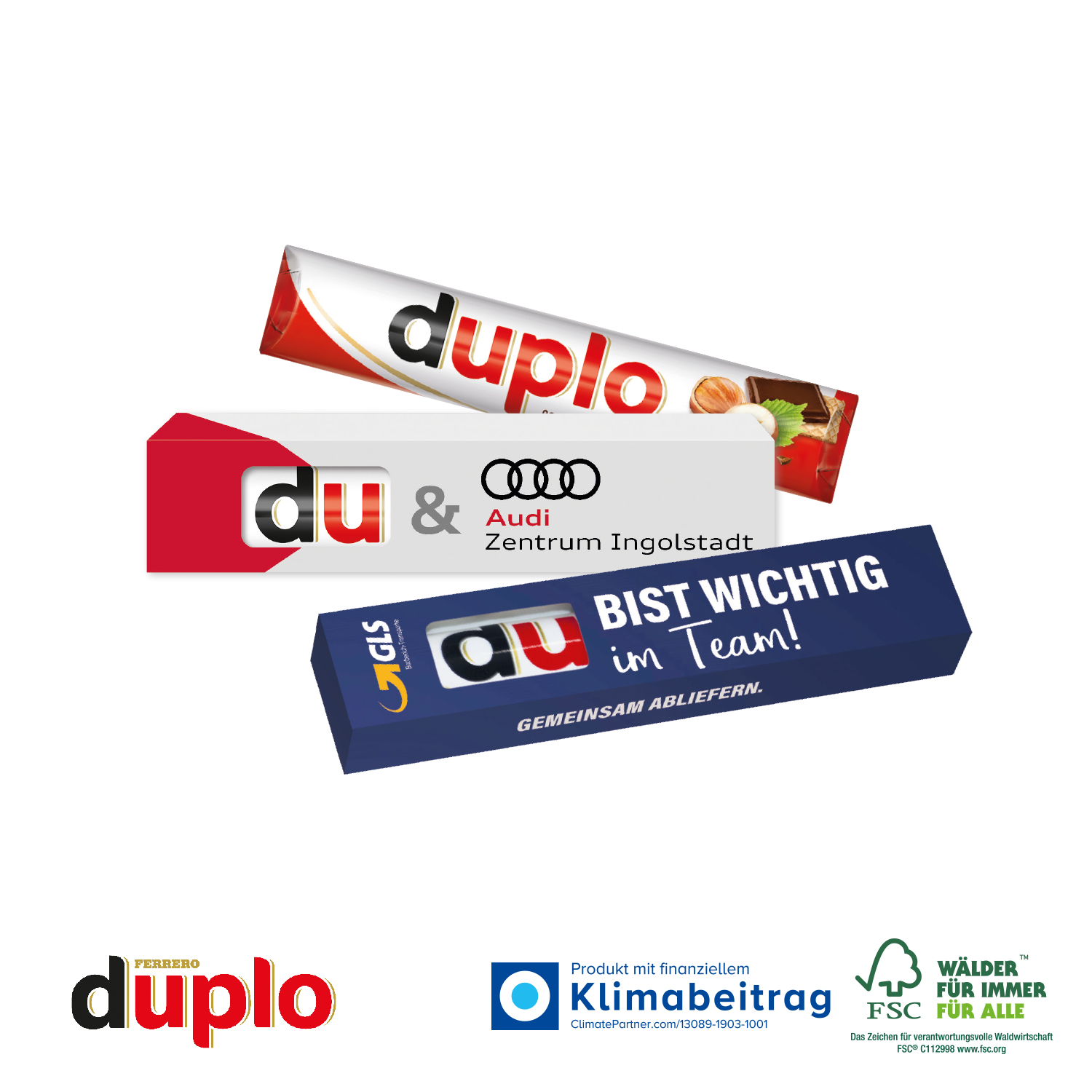 Duplo in Werbekartonage, inkl. 4-farbigem Druck Duplo in Werbekartonage, inkl. 4-farbigem Druck
