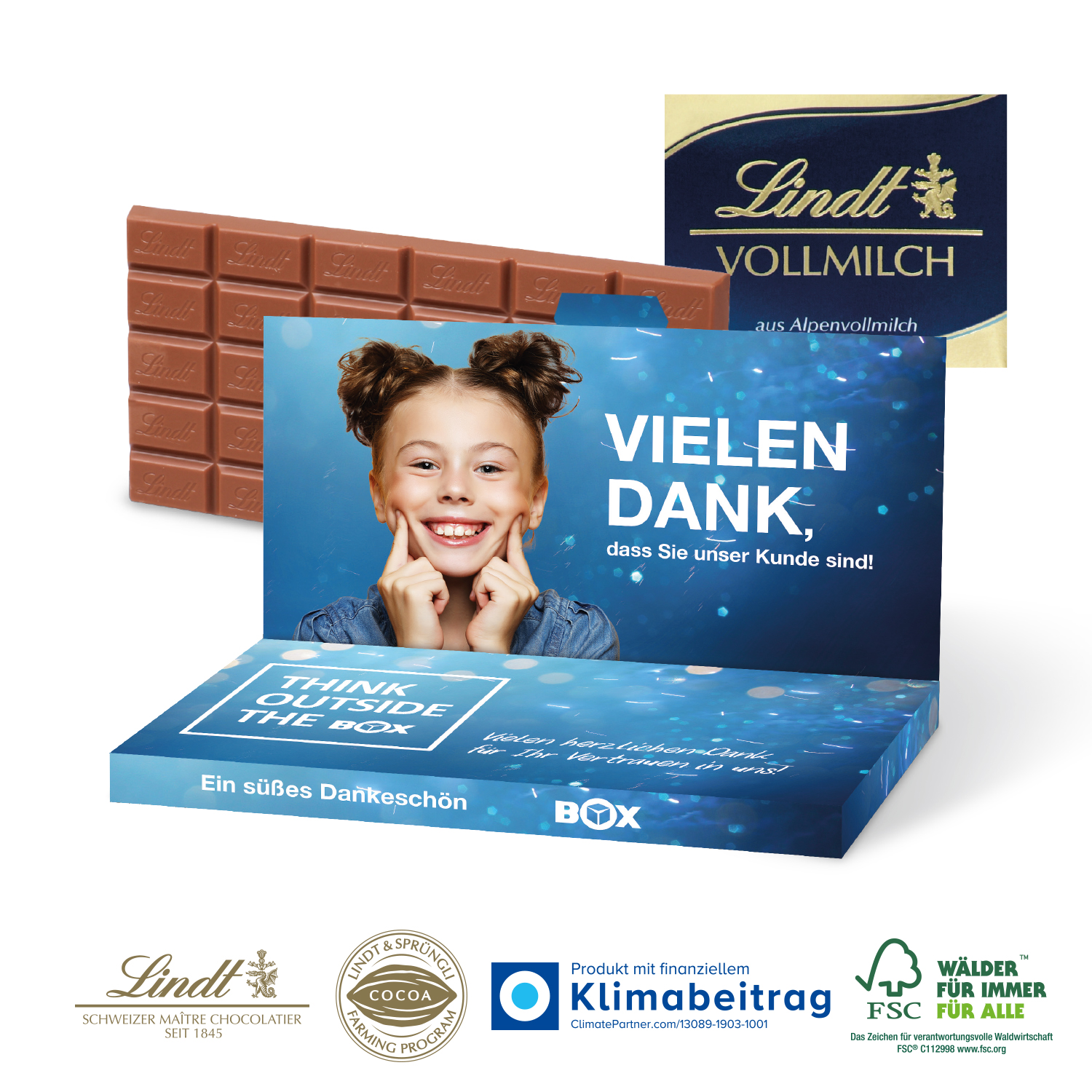 Grußkarte mit Schokoladentafel von Lindt, inkl. 4-farbigem Druck
