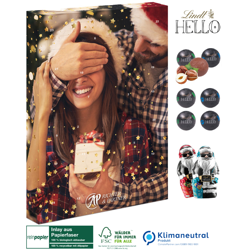 Wand-Adventskalender Organic Lindt „HELLO“ Mini´s, inkl. 4-farbigem Druck Wand-Adventskalender Organic Lindt „HELLO“ Mini´s, inkl. 4-farbigem Druck