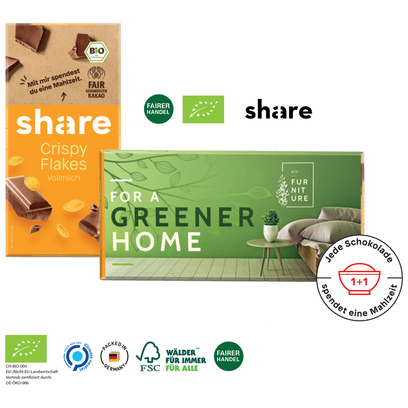 share BIO-Schokolade 100 g, inkl. 4-farbigem Druck share BIO-Schokolade 100 g, inkl. 4-farbigem Druck