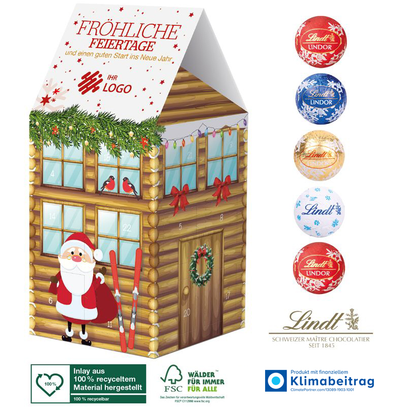 Adventskalender Haus XL mit Lindt Minis, inkl. 4-farbigem Druck Adventskalender Haus XL mit Lindt Minis, inkl. 4-farbigem Druck