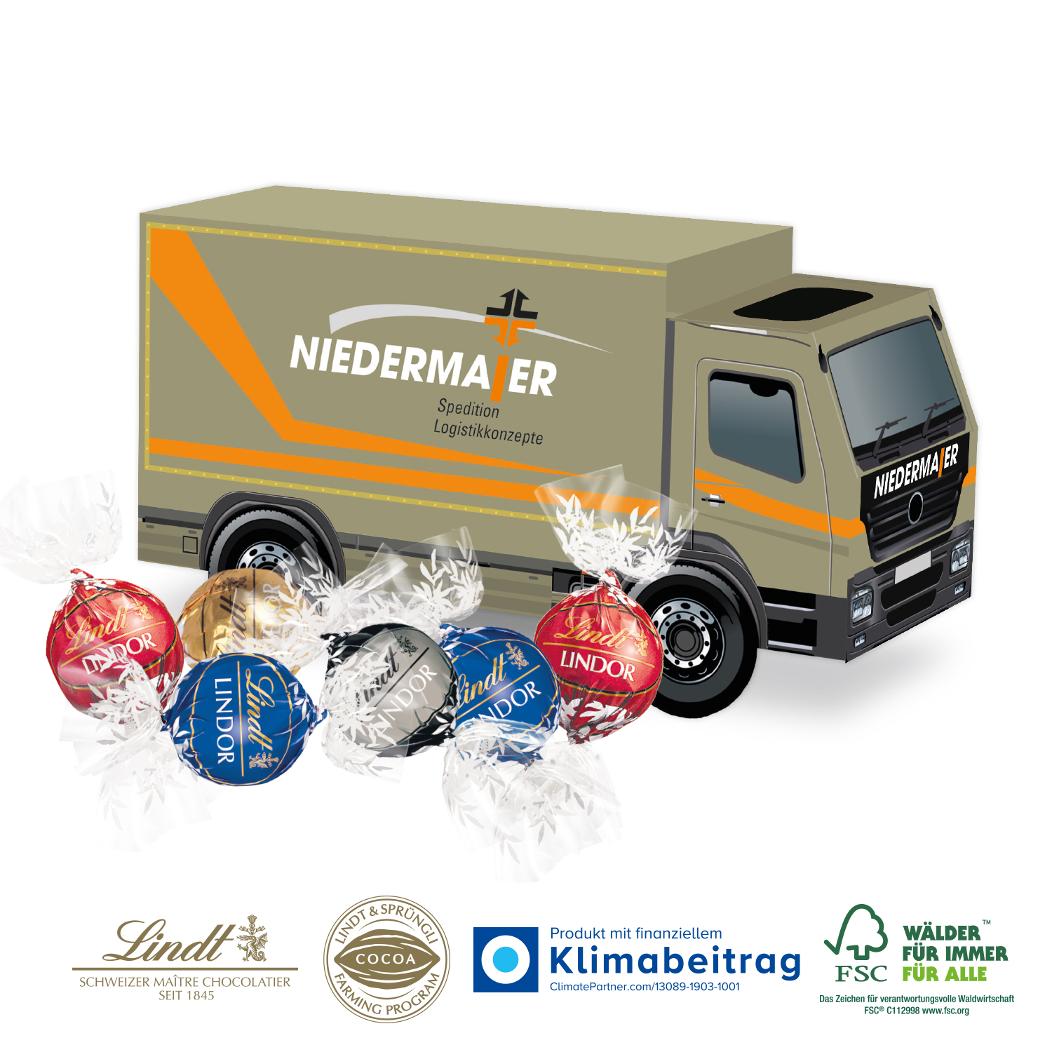 3D Präsent LKW Lindt Lindor Pralinés, inkl. 4-farbigem Druck