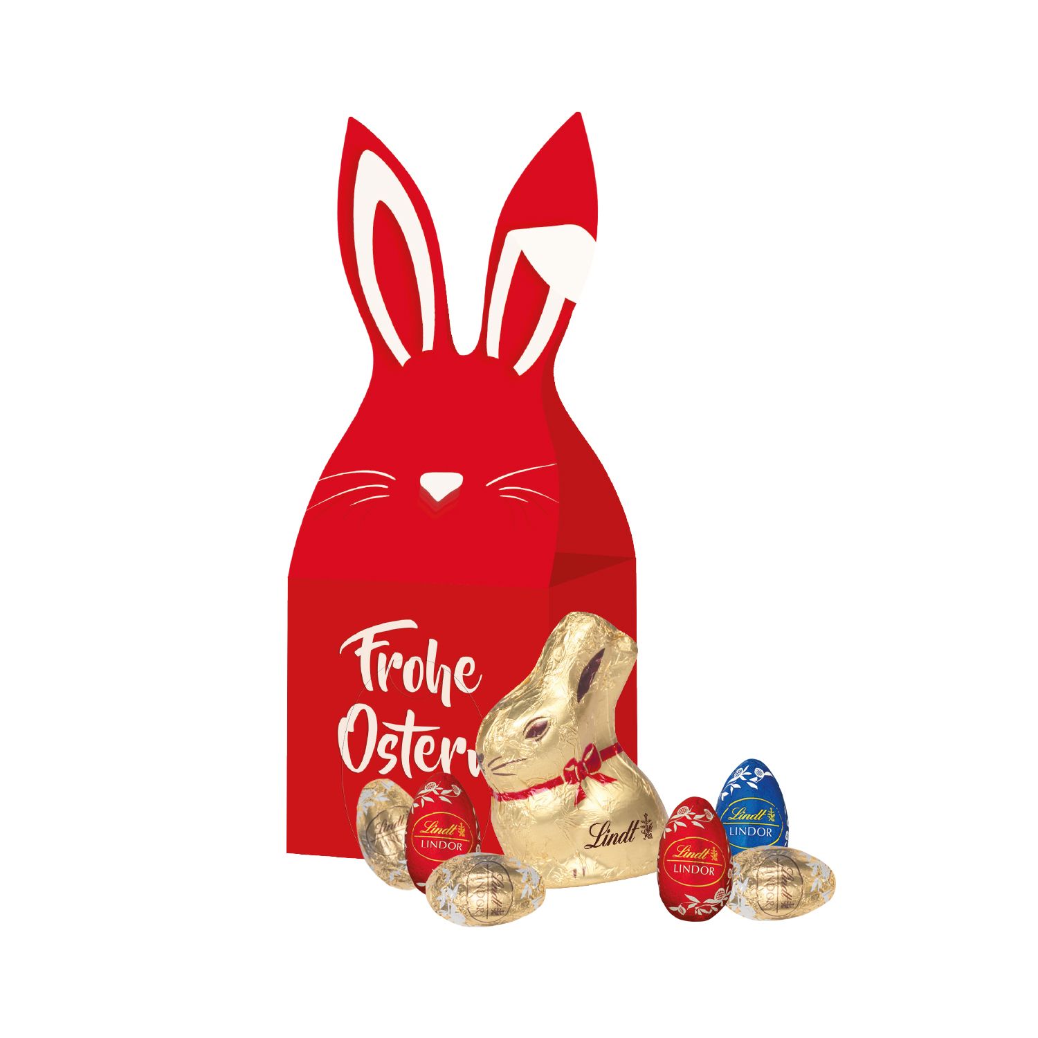 3D Präsent „Häschen“ mit Lindt Eier+Goldhase, inkl. 4-farbigem Druck