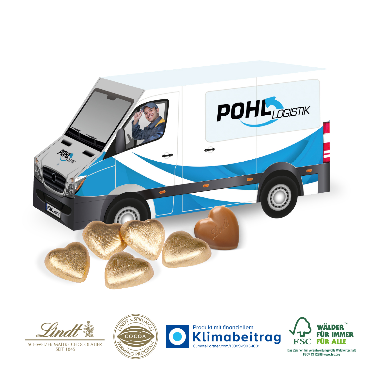3D Präsent Transporter Schokoladenherzen Lindt, inkl. 4-farbigem Druck