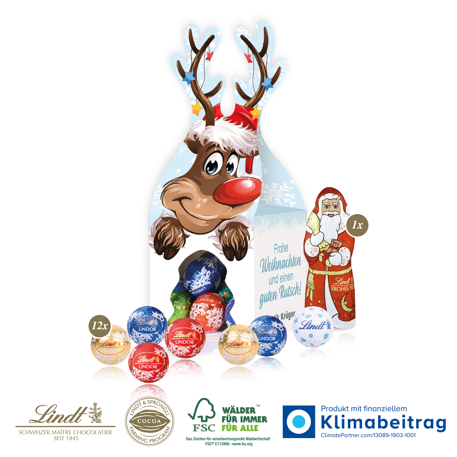 3D Präsent „Rentier“ mit Lindt Minis, inkl. 4-farbigem Druck