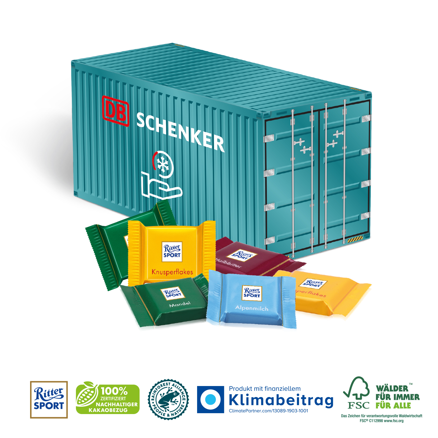 3D Präsent Container Ritter SPORT Schokotäfelchen, inkl. 4-farbigem Druck