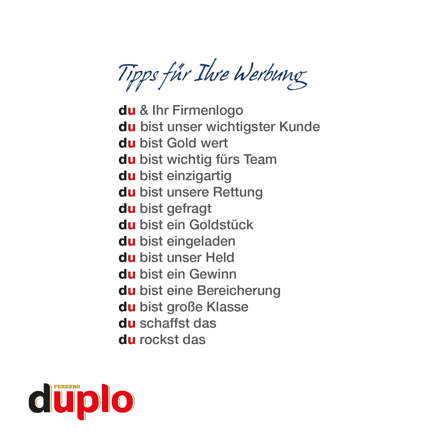 Duplo in Werbekartonage, inkl. 4-farbigem Druck Duplo in Werbekartonage, inkl. 4-farbigem Druck