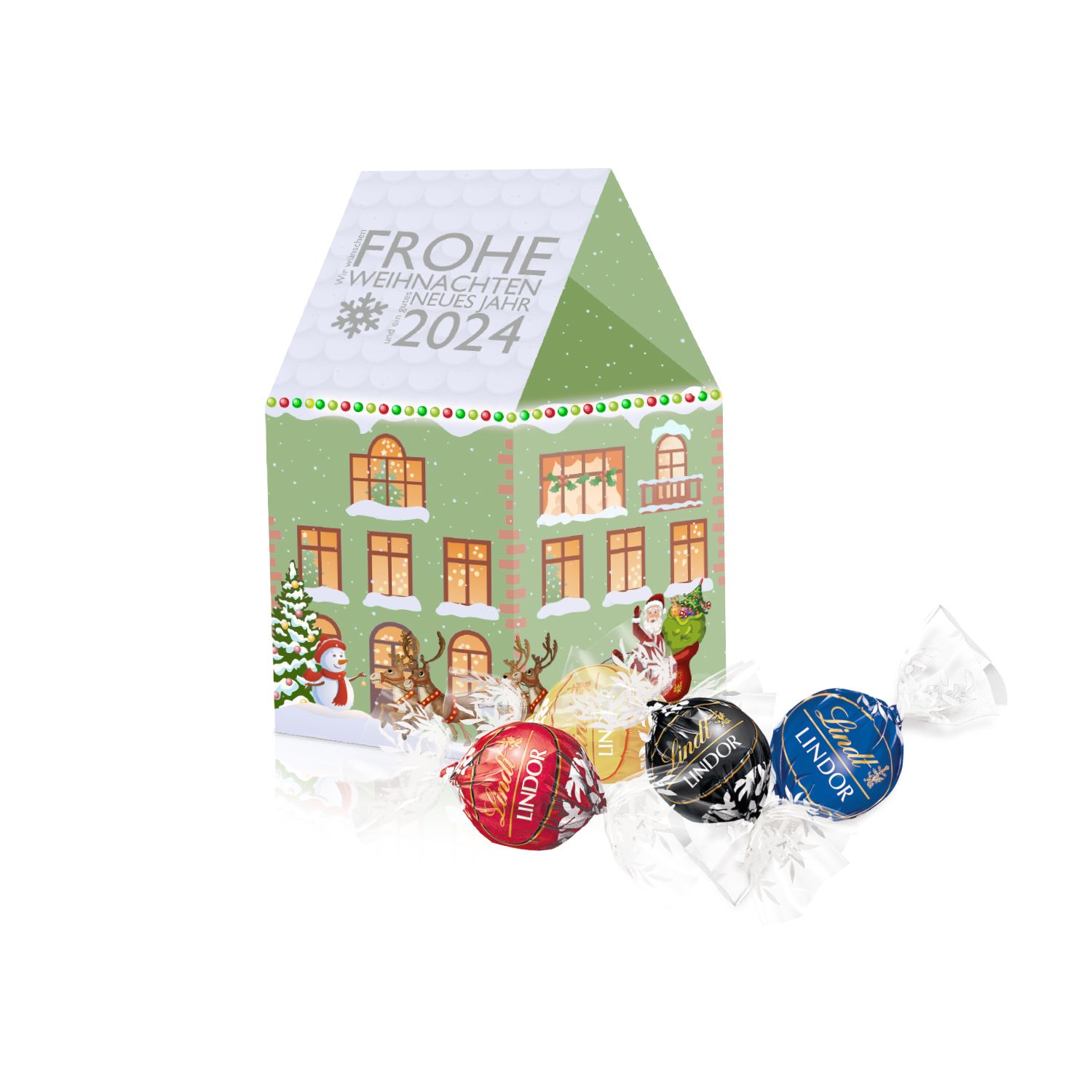 3D Präsent Weihnachtshaus Lindt Lindor Pralinés, inkl. 4-farbigem Druck
