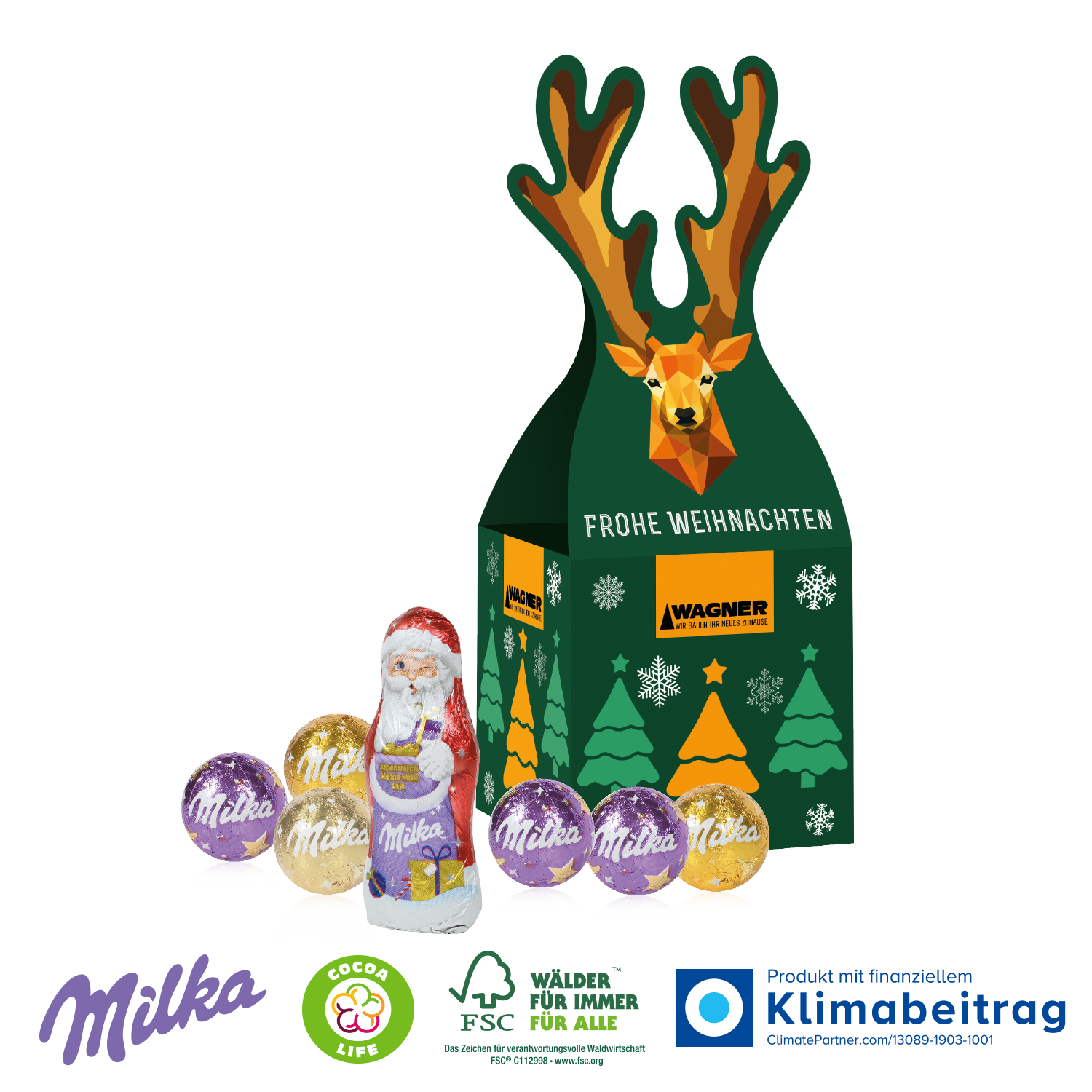 3D Präsent „Rentier“ mit Milka Schokolade, inkl. 4-farbigem Druck 3D Präsent „Rentier“ mit Milka Schokolade, inkl. 4-farbigem Druck