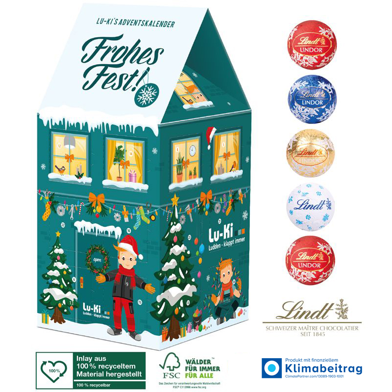 Adventskalender Haus XL mit Lindt Minis, inkl. 4-farbigem Druck